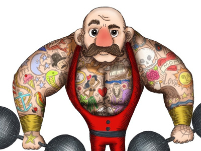 Strong Man character character design circus hannah tuohy illustration lift strong strong man tattoo tattoos weights