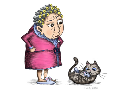 Uhh...Cat? attack cat character character design curlers hannah tuohy illustration kitty lady morning robe shoe slipper woman