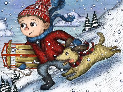 Snow! boy dog fun hannah tuohy illustration scarf sled snow winter