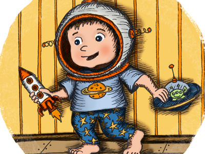 Illustration Friday: Imagination alien astronaut blue boy hannah tuohy happy helmet illustration illustration friday imagination orange play space spaceship