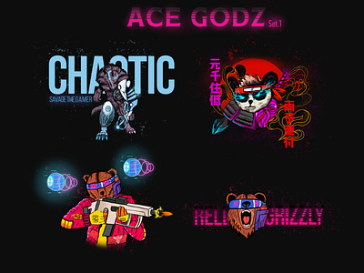 Ace Godz Set 1 bear branding cats colorful design doodles gamer gaming logo gaming mascot logo illustration japanese art japanese culture neon light panda texture vector vintage wolf