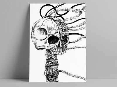 Robitic Skull crosshatching design drawing illustration texture textures