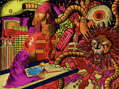 Bizzare Battle alien colors doodles fun ill illustration intense lion poster retro
