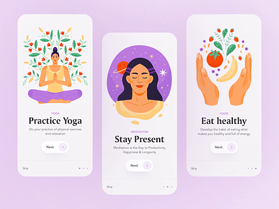 Yoga/Wellness app illustrations animation app illustration character character design design flat food good food illustration meditation motion onboarding onboarding ui ui illustration vector web illustration wellness yoga yoga app