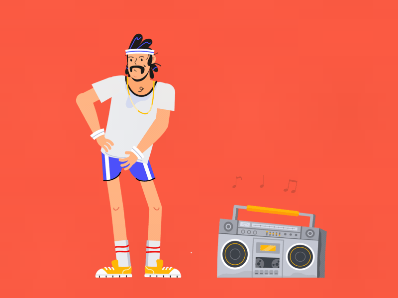 Dancing man 2d 90s animation boombox character design design flat illustration motion motion design music sportsman