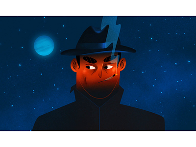 Detective 2d animation art character character design design design art detective flat illustration man man cartoon moon motion night sky smoke space stars texture