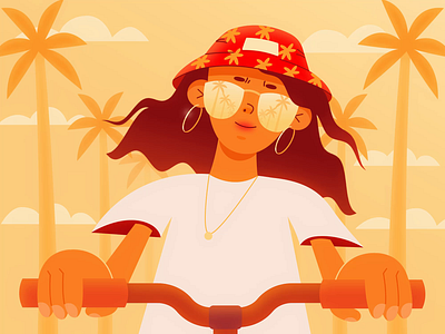Summer Bike 🌴 animation bike bit character character design design flat gif girl hat illustration motion motion art palm smile summer sundance vector video animation warm