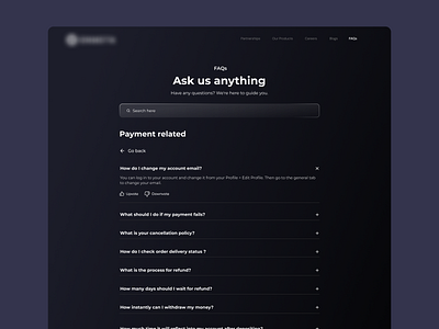 FAQ page accordian branding cards crypto cryptocurrency darkmode darktheme design faq grid landingpage layout minimal payments search ui ux web3 webpage website