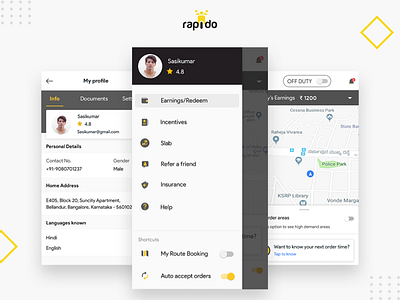 Rapido - Captain app (Android) android app dashboard design earnings guidelines maps materialdesign minimal mobileapp money navigation sketch ux web