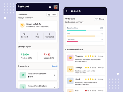 Restspot - Partner app for restaurant ( Concept) app cards credit dashboard debit design food history ios minimal mobileapp money product page ratings sketch ui uidesign ux
