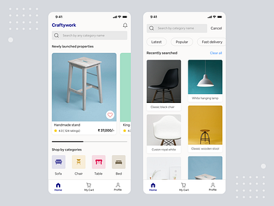 Craftywork - Furniture online store (concept) cards design ecommerce app furniture furniture design icons ios iosapp lifestyle minimal mobileapp search search results shop shoppingapp sketch trending ui ux visual