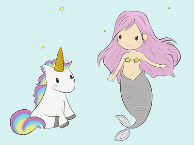 Mermaid & Unicorn character design digital art drawing illustration mermaid unicorn