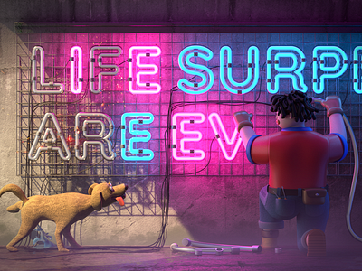 Life surprises are everywhere 3d c4d character design creative dog illustration neon people render