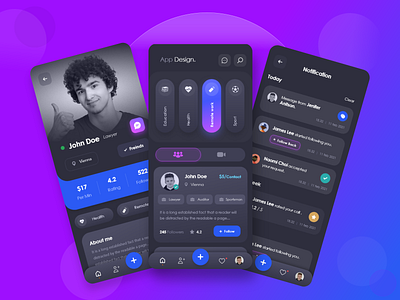 App Design category dark theme dark ui design feed gradient gradients groups home instagram menu message app notification online profile socialmedia tapbar ui ui ux video