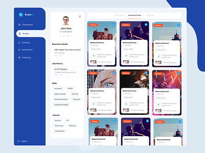 Event Management Web App activities adobe xd blue create profile dashb dashboard design event event app event listing events events app listing profile profile page settings typography ui ux