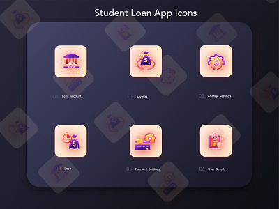 Bank Loan Icons in Mobile App with Background bank account icon branding icon icon designer illustration loan amount icon. payment settings icons saving account icon savings illustrations student loan app icon ui user details icon username icon vector