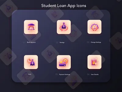 Bank Loan Icons in Mobile App with Background bank account icon branding icon icon designer illustration loan amount icon. payment settings icons saving account icon savings illustrations student loan app icon ui user details icon username icon vector