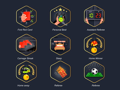 Badges for Soccer App bed illustration gamification gamification badges gamification in football apps gamification in sports app icon red car badge referee soccer app badges soccer app icons soccer illustration ui wreath illustration