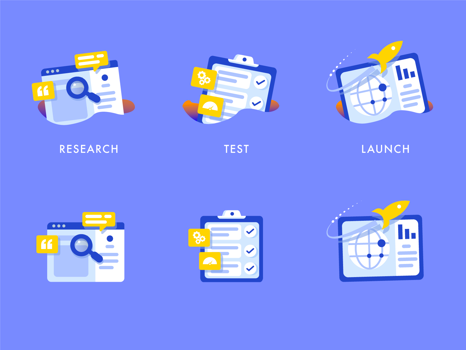 Research, Test & Launch for How it works section corporate deck ppt corporate presentation design document icon how it works how it works sections icon iconography illustration launch illustrations process icon research icon test icon ui vc deck vector web