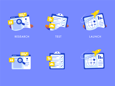 Research, Test & Launch for How it works section corporate deck ppt corporate presentation design document icon how it works how it works sections icon iconography illustration launch illustrations process icon research icon test icon ui vc deck vector web