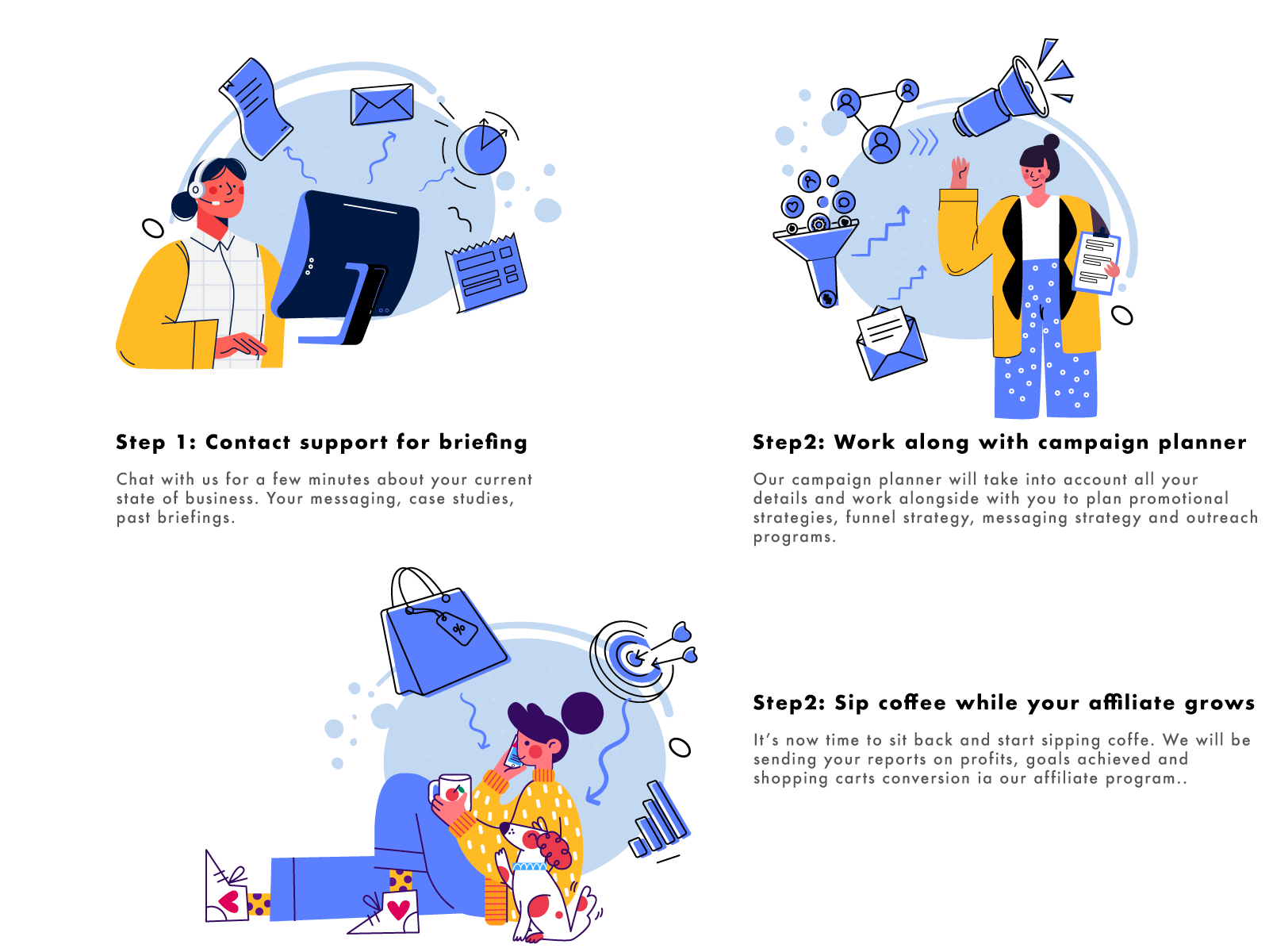 Flat illustrative icon exploration for website affiliate marketing illustration affiliate marketing process campaign illustration campaign planner illustrations crm icons design flat how it works how it works section icon illustration landing page content landing page section marketing illustration product illustration ui vector