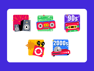 Music Styles Renaissance since 80s 2000s music 90s music badges design flat gamification badges hiphop icon illustration ipod mp3 player music stereo vector