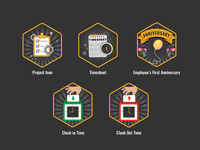 Gamification Badges for a Contract Management Firm badges for gamification clock out time badges design flat gamification badges icon illustration project badges project icon timesheet badges vector