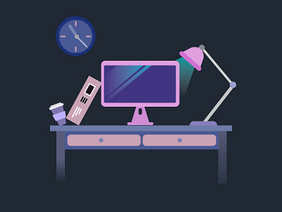 Flat Desk at Night. 2d clock computer dark design flat graphic design icon icons illustration illustrator vector