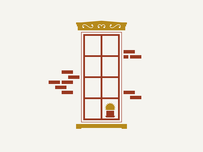 German Village / Window thankful corner house letterpress illustration cactus plant brick window