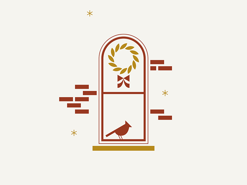 German Village / Holiday snow ochre red home illustration letterpress brick bow bird window wreath holiday christmas