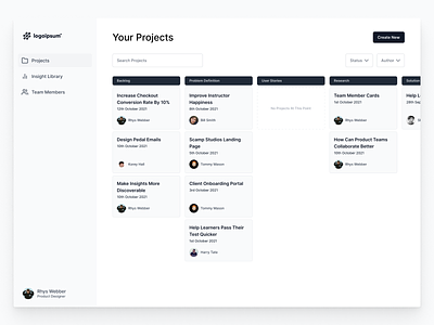 Kanban Dashboard card dashboard drag and drop flat kanban light mode product design project management projects saas shadow team members white