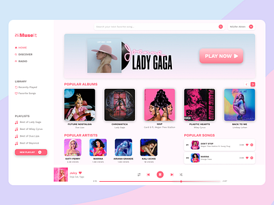 "MuseIt" a Desktop Music App UI Design app app design dailyui homepage landing page landing ui menu bar music music app pink portfolio profile search bar ui ui ux ui design ux ux design