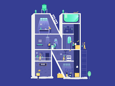 Letter N building character design hotel icon illustration isometric management n pool type typography