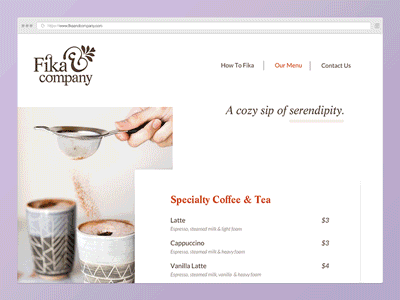 Fika Menu cafe menu overlapping page layout restaurant scandinavian trendy website