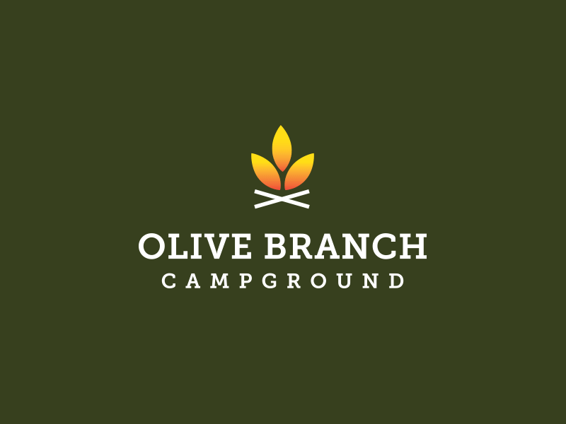 Olive Branch Campground Logo Option 3 branch camp campfire campground fire forest green logo olive red slabserif yellow