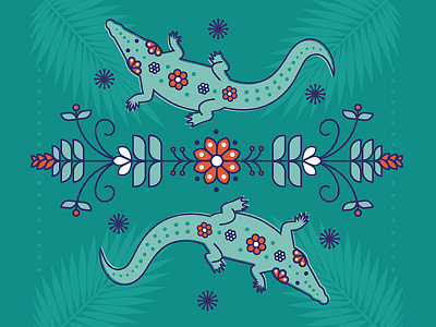 Alligators alligator floral florida green illustration line drawing mint pattern reflection scandinavian scarlet symmetry