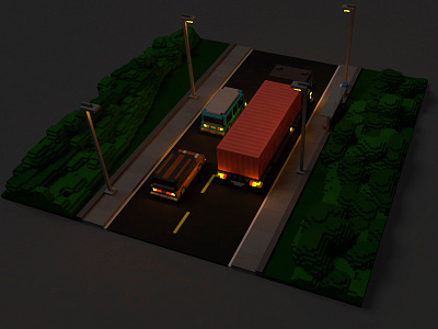 Same road (at night) isometric magicavoxel voxel voxel art