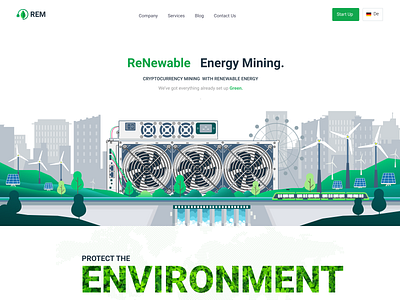 CRYPTOCURRENCY MINING WITH RENEWABLE ENERGY dam electricity energy environment figma green homepage illuration landing page pollution solar uiux website windmill