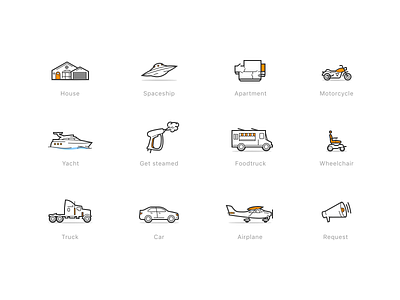 Steam Wash: Small Icons Pack airplane apartment app car design foodtruck house icon illustration linear mobile motorcycle request spaceship steam truck ui vector wheelchair yacht