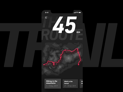 Trail activity animation app clean dark design distance expedition forest hiking interaction map mobile mountain route sport trail travel ui ux