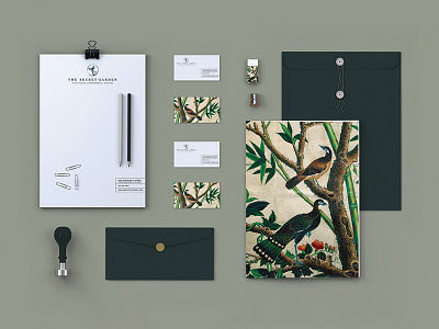 The Secret Garden birds brand business cards emerald envelope green identity letterhead pattern stamp stationery texture