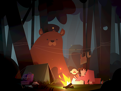 Camping time illustration 3d 3d illustration bear c4d cartoon character coloful fire illustration star travel