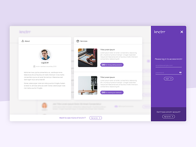Gated user profile - knctrr app chat cj classifieds clean ecommerce interface media onboarding password platform profile purple responsive search service simple social user web