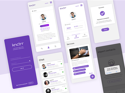 knctrr app chat classifieds clean ecommerce interface native app onboarding password platform profile purple responsive search service social media user web web app