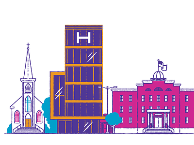 Community church cityscape hospital illustration school