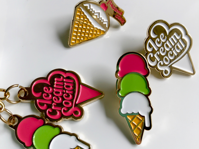 Ice Cream Social Pins branding collateral enamel pins ice cream ice cream cone ice cream social merch tacoma