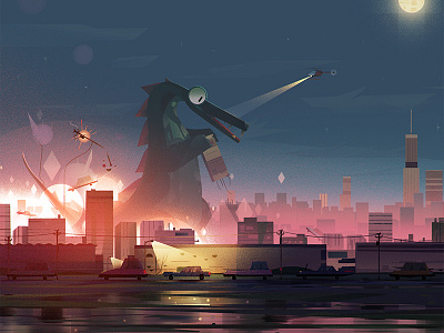 Gojira city destruction illustration lights lizard night parallel skyline