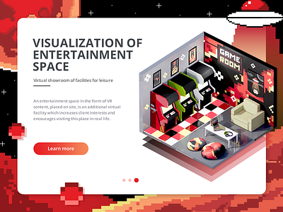 Game room application design exterior game icon illustration interior isometric landing page modelling red typography ui vector