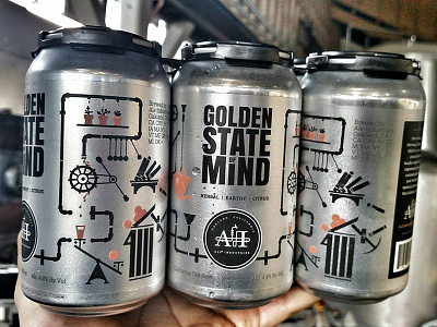 Aie Industries Golden State of Mind ale beer branding brewery identity illustration industrial label machine packaging rube goldberg