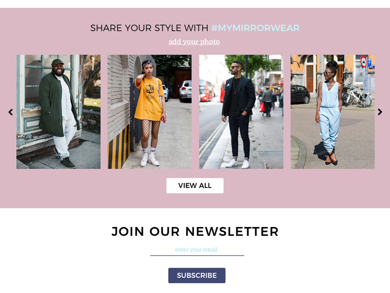 Display of brand clothing styles diversity ui ux responsive newsletter mirror store ecommerce style clothing brand display